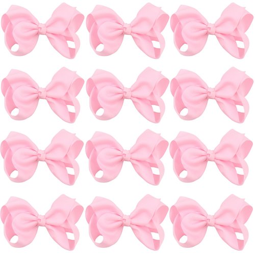 4 Inch Boutique Girls Hair Bows Hair Clips for Baby Girls Toddlers 12 Pcs Solid Color (Pink)