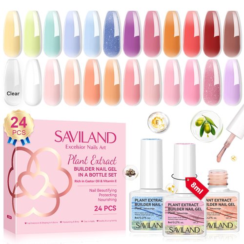 SAVILAND Builder Nail Gel 24 Colors: Castor Oil & Vitamin E Gel Builder in a Bottle Spring Translucent Color Nail Strengthener Extension Gel Hard Gel for Nails Care Repair Home Salon Professionals