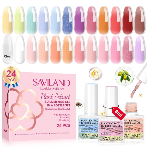 SAVILAND Builder Nail Gel 24 Colors: Castor Oil & Vitamin E Gel Builder in a Bottle Spring Translucent Color Nail Strengthener Extension Gel Hard Gel for Nails Care Repair Home Salon Professionals