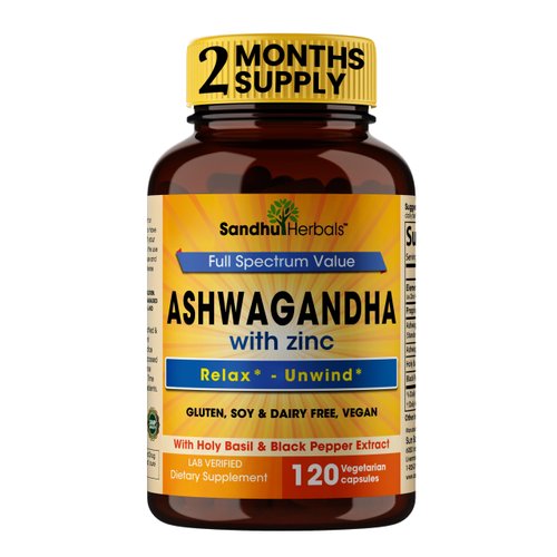 Sandhu Herbals Ashwagandha Supplement|120 Organic 4 in 1 Capsules, 2 months supply|8000mg with Zinc, Black Pepper & Holy Basil Extract|Stress Relief, Mood, Immune & Energy Support| Non-GMO