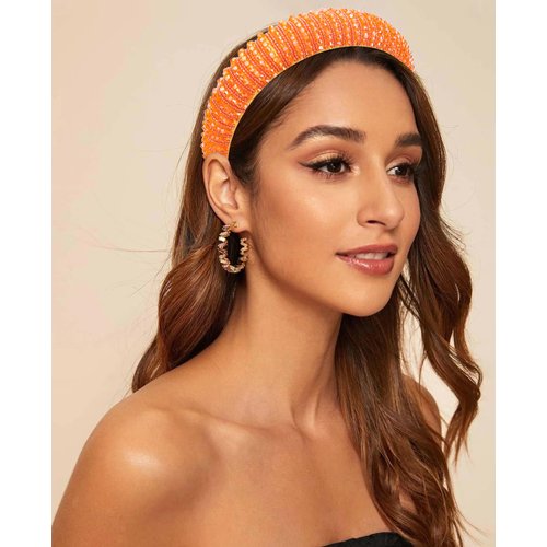 Wecoe Orange Headband Fashion Rhinestone Headband Women Padded Headband Fancy Bling Diamond Sparkle Crystal Beaded Headband Cute Hair Band Holiday Hair Accessories For Women Girls Gifts
