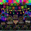 Glow Neon Party Supplies - Neon Balloon, Glow in the Dark Happy Birthday Banner, Hanging Swirls, Cake Topper, Tablecloth, Plates, Napkins, Cup for Blacklight Party Decorations, Serves 20 Guest