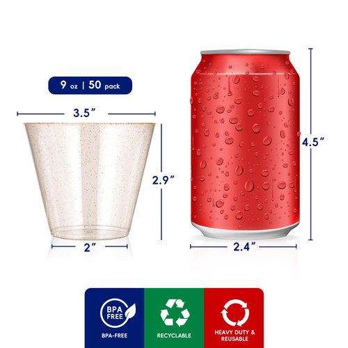 JOLLY CHEF 50 Pack 9 oz Glitter Plastic Cups, Disposable Gold Cups, Clear Plastic Tumblers, Gold Glitter Cups, Disposable Cups for Thanksgiving, Christmas Party