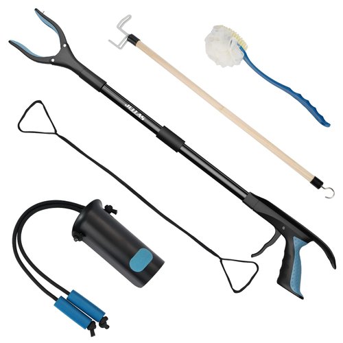 5-Piece Hip Knee Replacement Recovery Kit, JELLAS 32-inch Foldable Reacher Grabber with Shoehorn, Dressing Aids Stick for Seniors, Sock Aid Device, Leg Lifter, Long Handled Bath Sponge