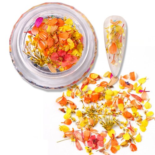 3D Dried Fall Nail Stickers for Nail Art - Orange Flower Nail Art Stickers Summer Resin Crafts Small Natural Floral Dried Flower Nail Decals Nail Art Supplies for Nails Art Decoration 1Box