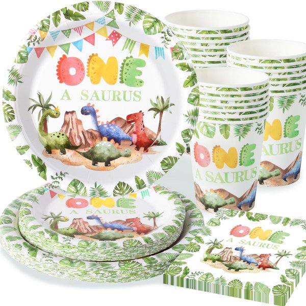 OTTPOOM 100 PCS Dinosaur First Birthday Decorations Dinosaur 1st Birthday Party Supplies One A Saurus Birthday Plates Napkins and Cups Tableware Set for Dinosaur First Birthday Party Supplies Serve 25