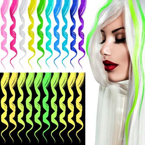20 Pcs Glow in the Dark Hair Extensions Clip Luminous Colored Hairpieces Party Rainbow Hair Clips Synthetic Neon Fake Hair Clips Hair Accessories for DIY Women Kids Girls, 10 Color (Curly Hair)