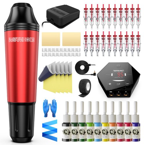Tattoo Pen Kit Wormhole Cartridge Rotary Complete Professional Tattoo Machine for Beginners (TK108) (Red)