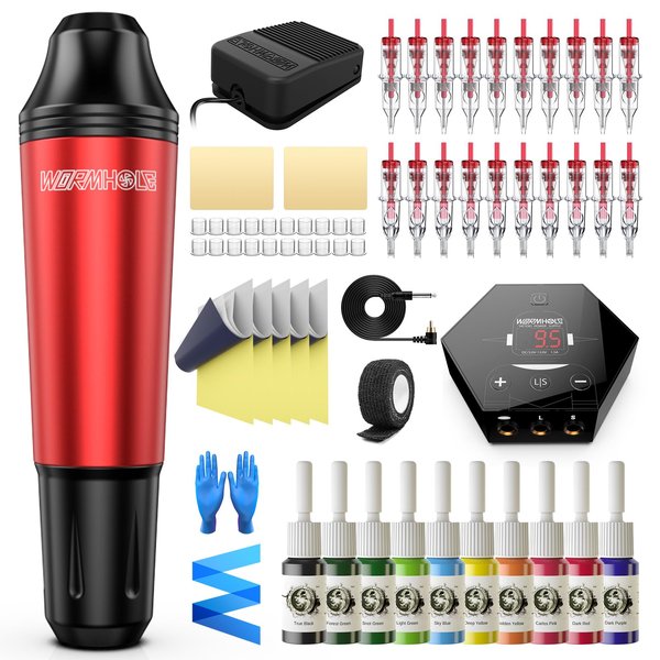 Tattoo Pen Kit Wormhole Cartridge Rotary Complete Professional Tattoo Machine for Beginners (TK108) (Red)
