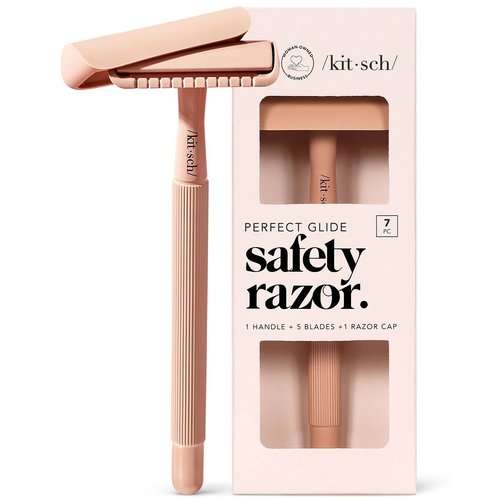 Kitsch Double Edge Safety Razor Kit for Women & Men, Long Metal Handle & Stainless Steel Single Blade, Razors for Women with 5 Double Edge Razor Blades Refills, Travel Reusable Razor for Shaving, 1 Pc