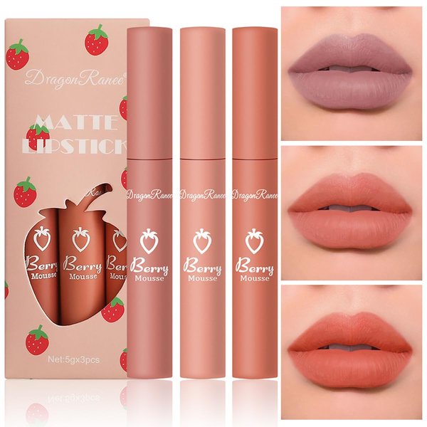 Tiejdhr 3Pcs Nude Matte Lip Lipstick, Velvet Smooth Crayon Lip Stain, Nude Lip Tint Long Lasting & Nourishing Lip Gloss Non-stick Cup Lipstick for Women Makeup (Set A, F)