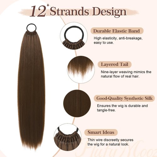 FLUFYMOOZ 28 Inch Ponytail Extension, Versatile Elastic Band Ponytail Extension for Women, Long Straight Synthetic Ponytail Daily Hair Chocolate Brown