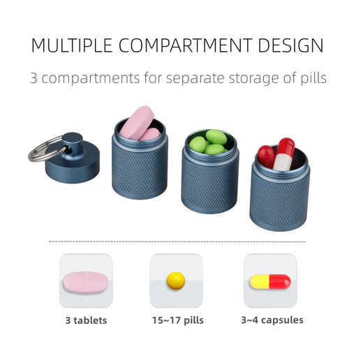Imentha Waterproof Keychain Pill Holder - Compact, Portable, and Secure Pill Box with 3 Compartments - Pocket-Sized Pill Case and Container for Daily Medication on The Go, Sliver