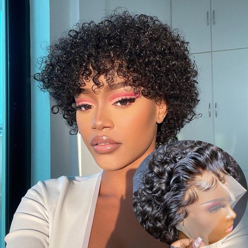 Afinska Pixie Cut Wig Human Hair 13x1 Short Lace Front Wigs Human Hair Natural Black Jerry Curly Short Human Hair Wig Pre Plucked Glueless Pixie Curly Wig For Black Women 180% Density 6 Inch