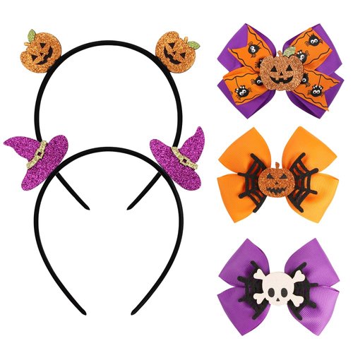 3 Pcs Halloween Bow Hair Clips Duckbill Clip 2 Pcs Wizard Hat and Pumpkin Headband Headdress Hair Accessories for Girls MGPFERD