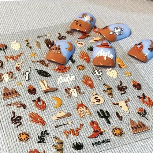 Cute Nail Art Stickers Exotic Nail Decals 5D Adhesive Nail Supplies Snake Cowboy Clothing Cow Money Bag Bohemian Style Design Cowboy Desert Cactus Nail Stickers for Women Girls Nail Art Decoration