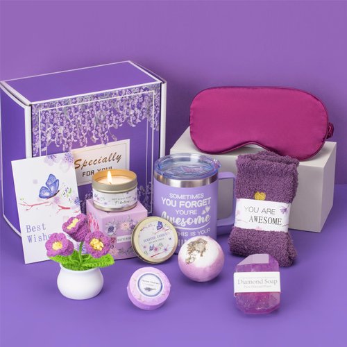 Gifts for Women,Gifts Basket for Women & Teen Girls Purple Relaxing Bath Gifts Basket Set Birthday Gifts Ideas for Women Relaxing Spa Gifts Self Care Gifts Box for Female Friends Christmas Gift