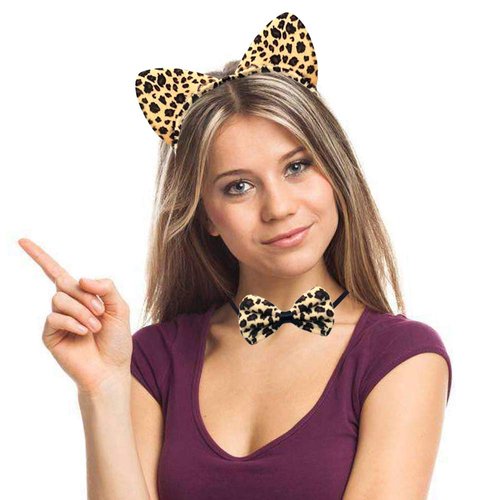 Halloween Cat Ears Headband Kitty Bow Tie Tail Women Cat Hair Hoops Kitten Hair Bands Headpiece Hairband Christmas Birthday Party Decoration Cosplay Costume Handmade Hair Accessories Leopard Print