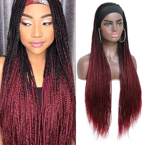 ROSEBONY Box Braided Headband Wigs for Black Women Micro Braids 30 Inch Long Wigs Synthetic Wigs with Small Braids (1b/burg, Headband Box Wig)