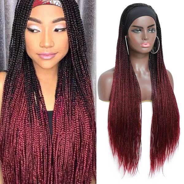 ROSEBONY Box Braided Headband Wigs for Black Women Micro Braids 30 Inch Long Wigs Synthetic Wigs with Small Braids (1b/burg, Headband Box Wig)