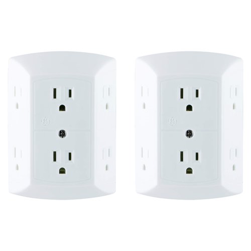 GE 6-Outlet Extender, 2 Pack, Grounded Wall Tap, Adapter Spaced Outlets, 3-Prong, Multiple Plug, Quick and Easy Install, Cruise Essentials, UL Listed, White, 40222