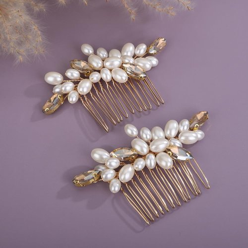 Teyglen Pearl Wedding Hair Comb Simple Rhinestone Pearl Hair Piece Bride Headpiece Bridal Crystal Pearl Hair Comb Elegant Hair Accessories for Women (Champagne)