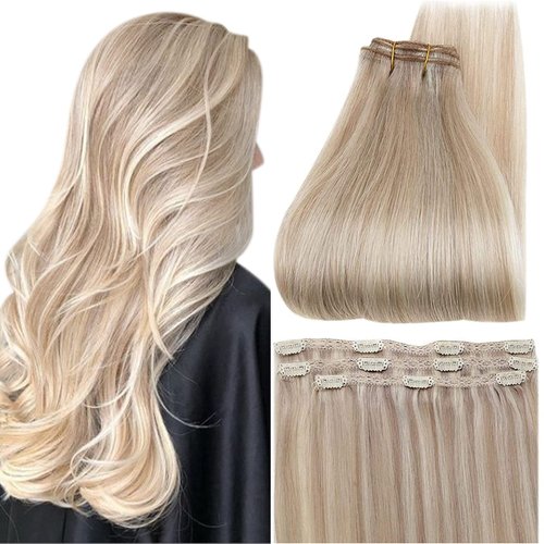 Full Shine Highlight Clip in Hair Extensions 3Pcs Invisible Clip in Human Hair Extensions Ash Blonde With Platinum Blonde Real Hair Clip on Extensions Lace Weft 3Pcs/60Grams 16 Inch