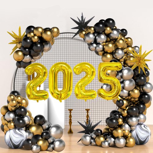 ZFUNBO Black Gold Silver Balloons Garland Arch Kit, 133Pcs New Years Eve Party Supplies 2025 with 2025 Sign Foil Balloons 2025 Foil Balloons for 2025 New Years Party Decor