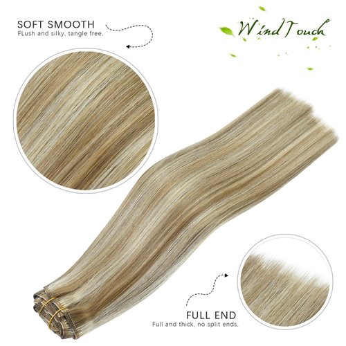 WindTouch Clip in Hair Extensions Human Hair Balayage Mixed Bleach Blonde 15Inch 70g Highlights for Blonde Remy Hair 7PCS #18P613 Gift for Women