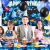 KimaruLZ Video Game Birthday Party Decorations - 109Pcs Gamer Gaming Party Supplies For Boys Birthday Party - Happy Birthday Backdrop, Table Cover, Hanging Swirls, Cupcake Cake Topper, Balloons