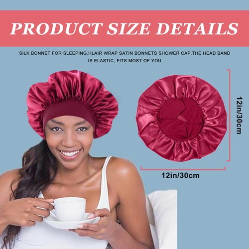 4PCS Silk Bonnet for Sleeping,Hair Wrap Satin Bonnets Shower Cap for Black Women Men, Elastic Wide Band Hair Bonnet Cap for Sleeping Curly Hair(Black & Wine Red & Purple & Brown)