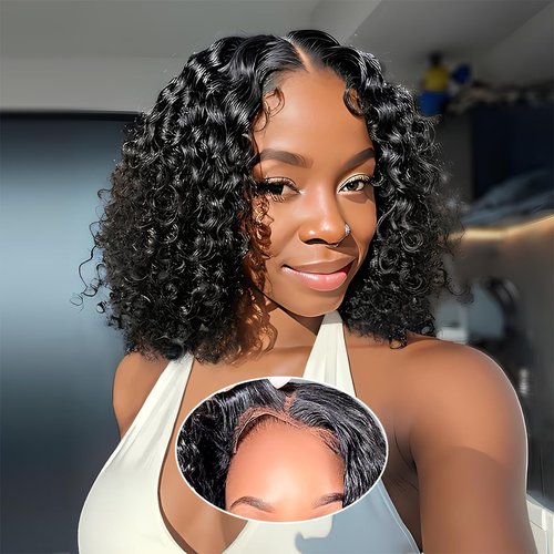 Xinjiju Wear and Go Glueless Wigs Human Hair Pre Plucked Pre Cut 6x4 Short Curly Bob Lace Front Wigs for Black Women Natural Hairline Water Wave Lace Front Wigs 200% Density 12 Inch