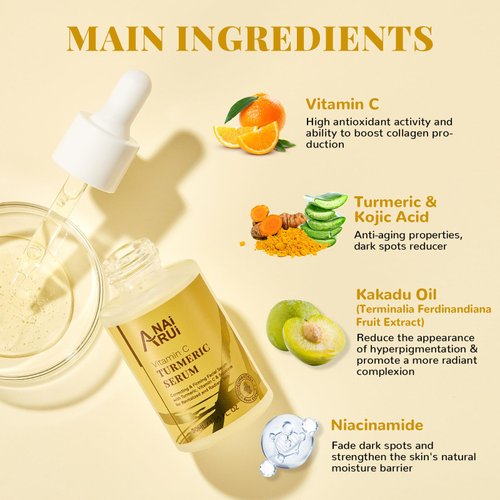 ANAI RUI Vitamin C Face Serum for Dark Spots, Glowing Turmeric Facial Serum, Anti-Aging Facial Serum for Wrinkles, Evening Tone, Moisturizing - 1.05 FL.OZ