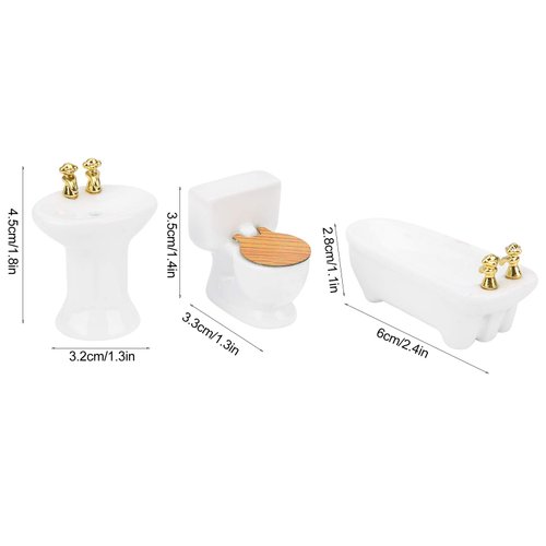 SUNGOOYUE 1/24 Dollhouse Bathroom Set, Mini High Simulation Ceramic Bathtub Toilet Sink Kit for DIY Dollhouse Accessory(#1)