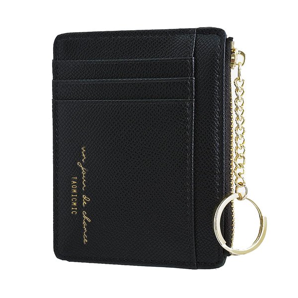 Prometheism Women Slim Leather Card Case Holder Small Wallet Cute Coin Purse Girl Mini Wallet with Keychain (Black)