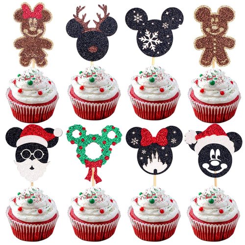 Wolpark 24Pcs Glitter Mouse Christmas Cupcake Toppers Gingerbread Cupcake Picks Santa Hat Elk Cake Decorations for Christmas Birthday Baby Shower New Year Xmas Party Supplies
