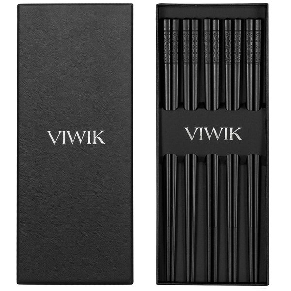 VIWIK Reusable Chopsticks 5 Pairs Premium Fiberglass Classic Style Lightweight Dishwasher Safe Chop Sticks 9.6 Inch Gift Set