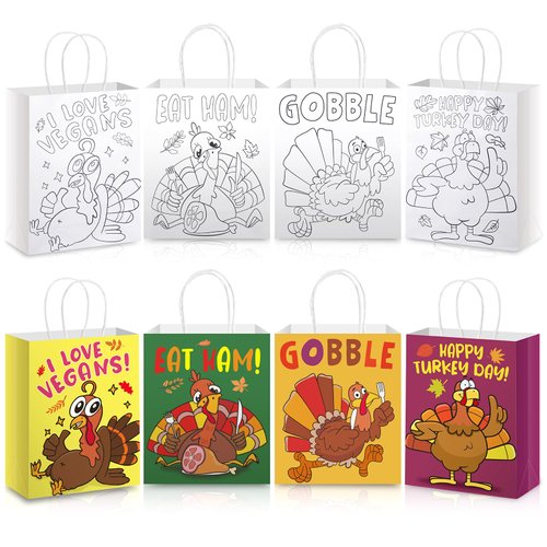 Epakh 24 Pcs Thanksgiving Coloring Bags Craft Color Your Own Turkey Paper Gift Bags Give Thanks Coloring Goodie Bag with Handle for Thanksgiving Day Holidays Party Favor Supplies Party Favors
