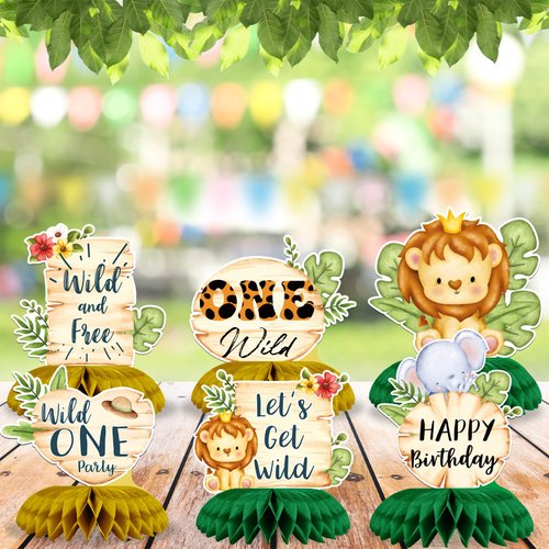 Safari Jungle Animal Honeycomb Centerpieces Wild One Baby Shower Decorations Jungle Safari Table Centerpieces Decorations One Birthday Party Supplies Sign, 9 Pcs