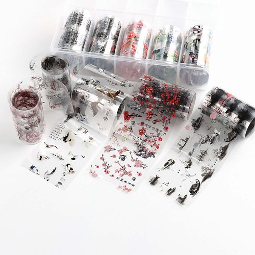 XEAOHESY 10 Rolls Traditional Chinese Style Nail Foil Transfer Stickers Ink Painting Chinese Characters Pattern Nail Foil Sheets Transfer Foils Stickers Classical Nail Art Decorations Nail Supplies