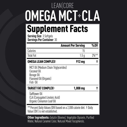 LEAN CORE OMEGA MCT + CLA - Stimulant Free Health Formula, Lean Muscle & Toned Physique, Omega 3-6-9 Fatty Acids - Flaxseed Fish Oil- Coconut Oil- Keto Friendly 30 Day Supply (90 Softgels)