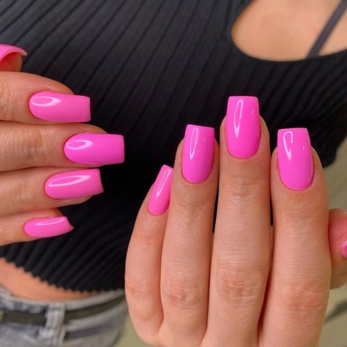 SXVME Hot Pink Press On Nails Short Medium Square,Thick Gel Fake Nails Medium,Glossy Neon Pure Colored Acrylic Nails Glue on,Natural Short Coffin Stick on Nails Press ons Suitable For Women Girls