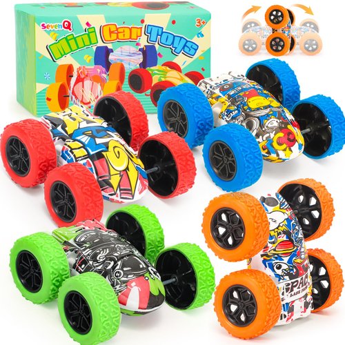 SevenQ Toy Cars for Kids, 4 Pcs Monster Truck Toys Vehicles Push and Go Flip Stunt Car, Race Cars Party Favors for Toddlers Goodie Bag Prizes Treasure Box Toys for Boys 4-6 Christmas Birthday Gifts