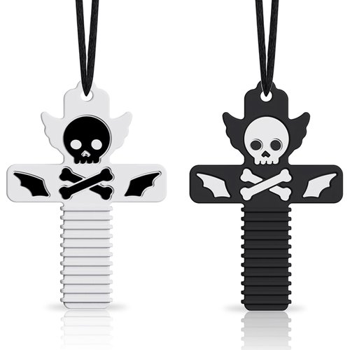 Halloween Chew Necklaces for Sensory Kids, Silicone Cross with Skull Teething Necklace for Babies Toddlers Adults & Moms, Ideal Chewelry Toy for Autism ADHD Anxiety Fidget Relief (2Pack)