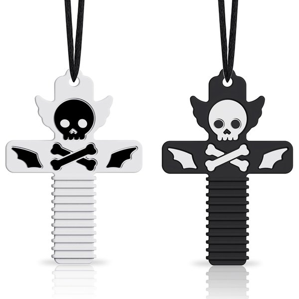 Halloween Chew Necklaces for Sensory Kids, Silicone Cross with Skull Teething Necklace for Babies Toddlers Adults & Moms, Ideal Chewelry Toy for Autism ADHD Anxiety Fidget Relief (2Pack)