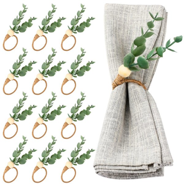 Chengu 12 Pieces Napkin Rings Set Eucalyptus Napkin Rings Greenery Leaf Boho Napkin Rings Rustic Farmhouse Wooden Napkin Holders for Wedding Home Dining Banquet Christmas Easter Holiday Table Decor