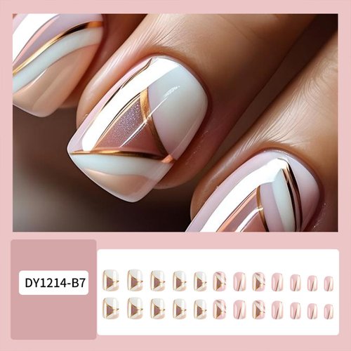 Tyuimhx 24Pcs Short Square Press on Nails Glossy Fake Nails With Gold Glitter Stripe Designs Full Cover Stick on Nails Acrylic Artificial False Nails for Women Girls Glue on Nails