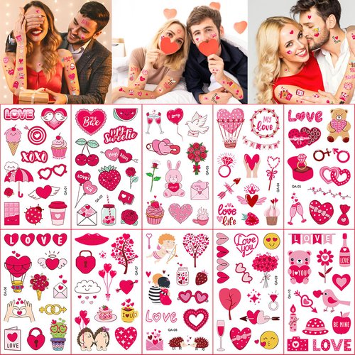 Pink Valentine's Day Theme Temporary Tattoo Rose Flowers Diamond Ring Dessert Arrow Bear Tattoo Stickers Waterproof Stickers Body Face Art Decoration(10 Sheets)