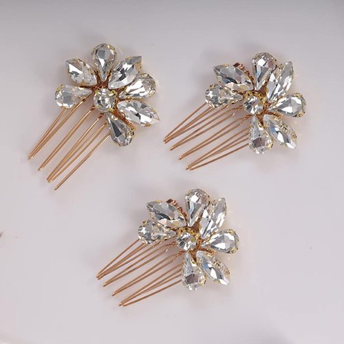 Rumtock 3pcs Ruby Red Crystal Sparkle Cute Hair Comb for Brides Bridesmaid Flower Girl Hair Styling Hair Accessories Prom Girls Banquet Women (Gold)
