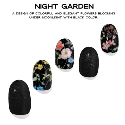 ADORA COUTURE Semi Cured Gel Nail Strips Kit | 30pcs Uv Gel Nail Stickers with Uv Light | Glitter Velvet Colorful Flowers Black Nail Wraps | Gel Stickers for Nails Uv Light (Night Garden)